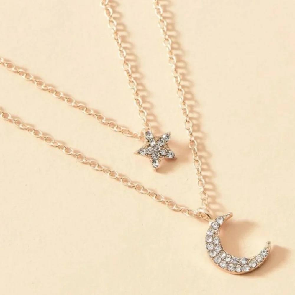 Gold Layered Necklace with Rhinestone Star and Moon - Picture 2 of 4